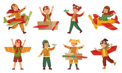 Kids in pilot costumes. Paper toy plane wings, adorable kids play with airplanes toys and child aircraft modeling. Young paper airplane pilot traveler game. Cartoon isolated icons vector set