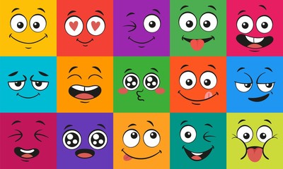 Fototapeta Cartoon face expressions. Happy surprised faces, doodle characters mouth and eyes. Face doodle or shy, love and kiss kawaii manga emotion. Emoticon comic avatar vector illustration set obraz