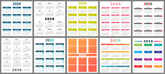 Calendar 2020. Wall planner calendars, week starts grid and year dates template. Date diary, business office calendar organizer planner vector illustration set