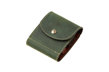 Leather wallet isolated on white background. Luxury leather wallet on a rivet button on a light back. Green leather wallet.