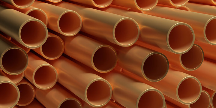 Pipes tubes copper metal, round profile, full background. 3d illustration