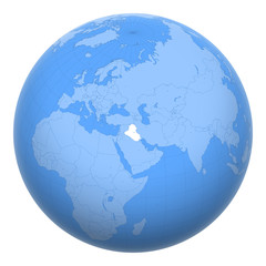 Iraq on the globe. Earth centered at the location of the Republic of Iraq. Map of Iraq. Includes layer with capital cities.