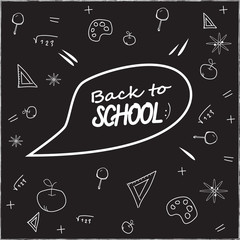 Back to school vector banner design. funny school characters a, education items and space for text in a background. Vector illustration.