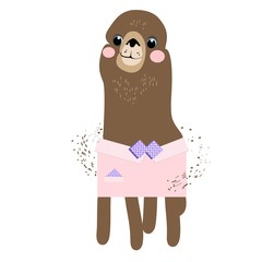 Lama, alpaca, children`s fairy-tale character, hand-drawn, vector image