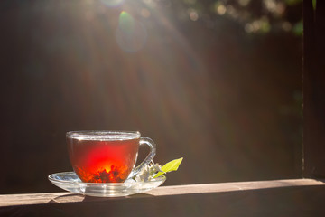 A cup of tea stands on a wooden table. Sun rays and bokeh. Dark background. Sunny summer evening, sunset.
