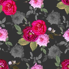  Floral seamless pattern with roses on dark grey background - Vector illustration