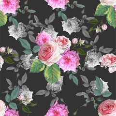  Floral seamless pattern with pink roses on dark grey background - Vector illustration