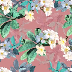 Tropical leaves and plumeria flower seamless pattern. Vector illustration