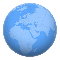 Israel on the globe. Earth centered at the location of the State of Israel. Map of Israel. Includes layer with capital cities.