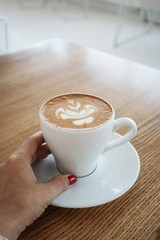 Female hand holds a cup of cappuccino