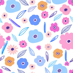 Seamless pattern background with flowers and leaves. Vector illustration for fabric and gift wrap design.