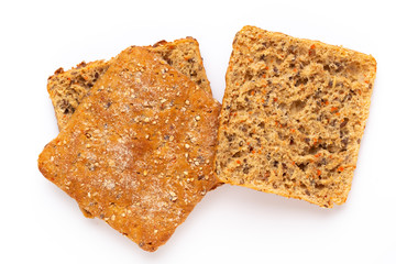 Rye bread slice on a white background.