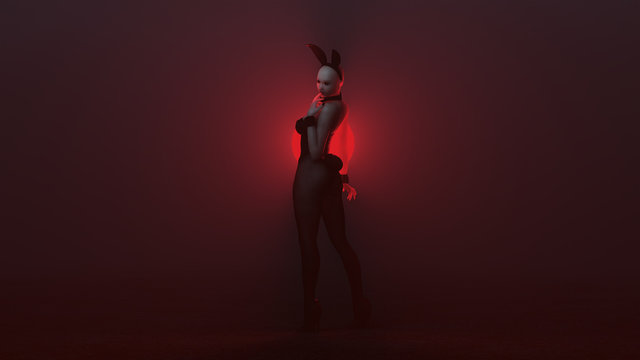 Demon Vampire Bunny Girl in Black with Tights in a Red Foggy Void 3d illustration 3d render 