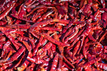 Dried red chilli, food ingredient. Red dry chilli texture background.