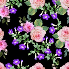 English roses and Thunbergia erecta seamless pattern vector illustration