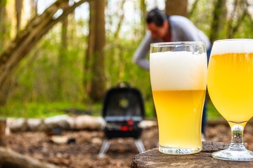 Glass of beer food barbecue and chicken,  beverage.