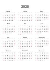 Kalender 2020, Hochformat, beginnend mit Sonntag