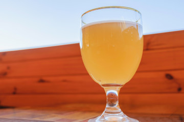 Beer glass on the bar counter.