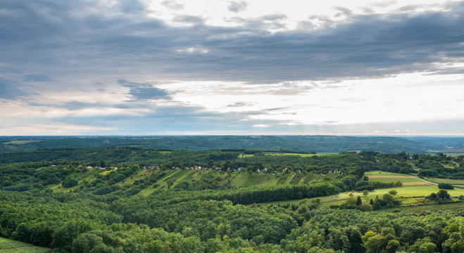 Aerial view of the city of Zalaegerszeg in Hungary at sunset.