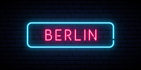 Fototapeta na wymiar Berlin neon sign. Bright light signboard. Vector banner.