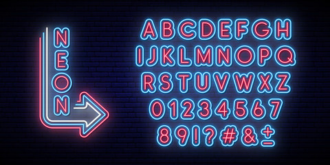 Neon glowing alphabet. Bright typeface. Set of neon letters and numbers. Alphabet on dark background. - obrazy, fototapety, plakaty
