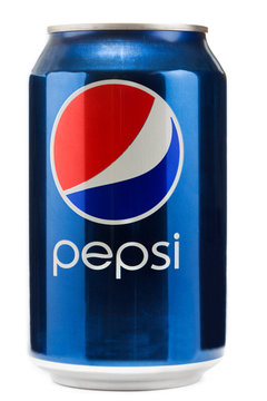 Can of Pepsi in studio. Pepsi is a carbonated soft drink created and developed in 1893 by  PepsiCo.