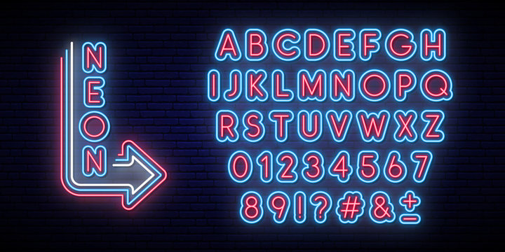 Neon glowing alphabet. Bright typeface. Set of neon letters and numbers. Alphabet on dark background.