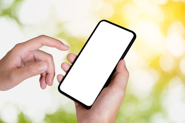 woman using Smartphone. Blank screen mobile phone for graphic display montage.networking service..