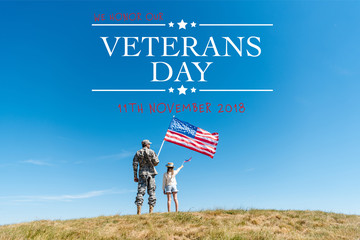 Back view of kid in straw hat and military father holding American flags with veterans day illustration