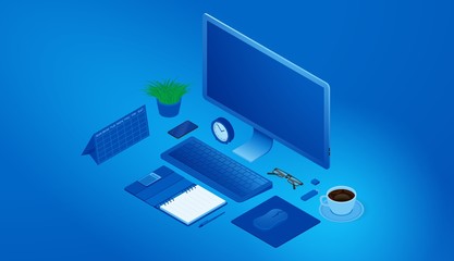 Isometric concept of the workplace. Office equipment and accessories. Blue background. Vector illustration.