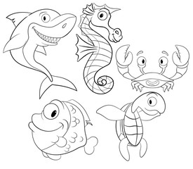 coloring book with sea animals vector. set with cute sea creatures