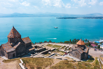 old Sevanavank monastery on the shore of lake Sevan in Armenia. in summer on a clear Sunny day. photography from the quadrocopter. the view from the top