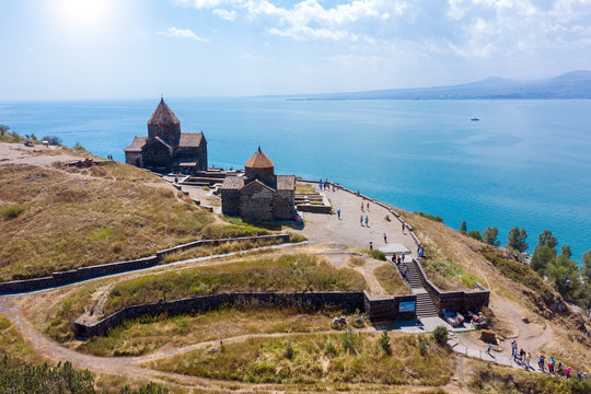old Sevanavank monastery on the shore of lake Sevan in Armenia. in summer on a clear Sunny day. photography from the quadrocopter. the view from the top
