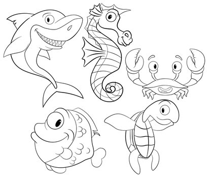 coloring book with sea animals vector. set with cute sea creatures