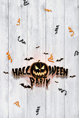 Creative background, inscription Halloween party pumpkin on a light background. Festive background, flyer, October 31, design