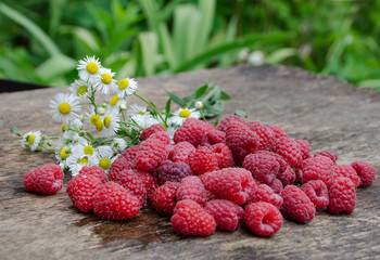 fresh raspberries on wooden background