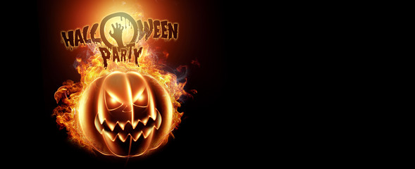 Halloween horizontal background with pumpkin dark background. Flyer or invitation template for Halloween. 3D illustration, 3D design.