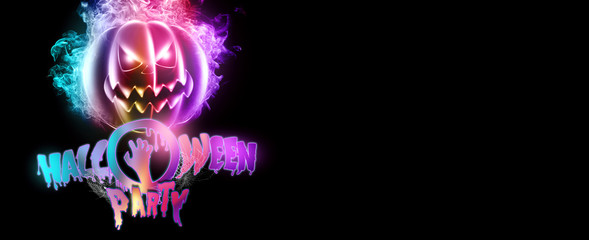 Halloween horizontal background with ultraviolet pumpkin on a dark backdrop. Flyer or invitation template for Halloween. 3D illustration, 3D design.