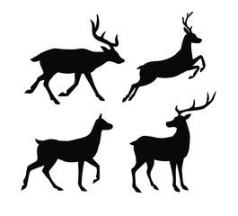 Vector set collection of flat black silhouette of deer isolated on white background