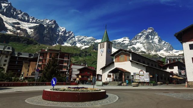 Timelapse view of the town of Cervinia Brueil with Mount Cervino (Matterhorn) in the background