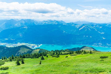 View of landscape with St. Wolfgang lake and mountains from Schafberg mountain, Austria