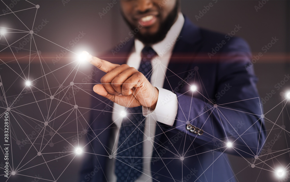 Poster Man touching network connections at lightning point