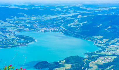 Fototapeta na wymiar View of Mondsee lake from Schafberg mountain, Austria