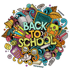 Cartoon cute doodles Back to School phrase. Colorful illustration