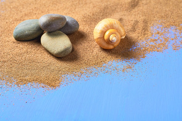 Seashell, stones and scattered dry sand on blue scratched concrete. Space for text