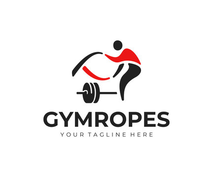 Battle ropes logo design. Fitness exercise with a rope vector design. Kettlebell with athlete workout logotype