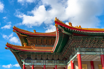 Close-up view of The National Theater of Taiwan, a chinese style architecture inside the National Taiwan Democracy Memorial Hall area ( National Chiang Kai-shek Memorial Hall ). Taipei, Taiwan