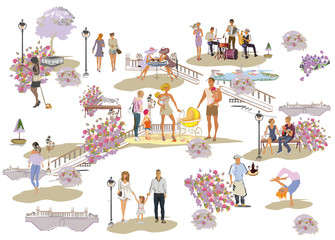 Set of people having rest in the park.  Active leisure outdoor activities. Colorful vector illustration.