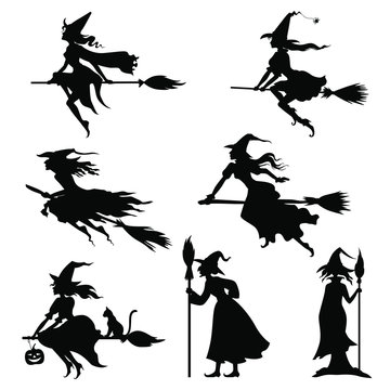 Vector illustrations of Halloweens witches silhouettes set