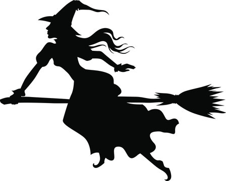 Vector illustrations of Halloween silhouette witch with hat on broom fly